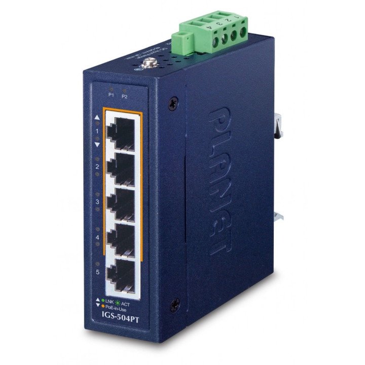 PLANET IGS-504PT Pramoninis PoE+ jungiklis 5 prievadų Gigabit