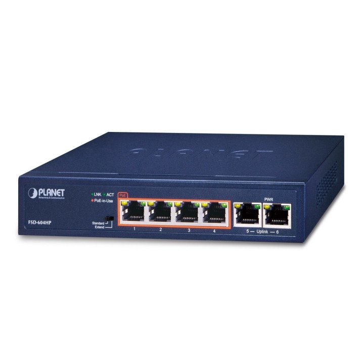 PLANET FSD-604HP 4-Port PoE+ Switch (60W Budget, 250m Extend, Fanless)