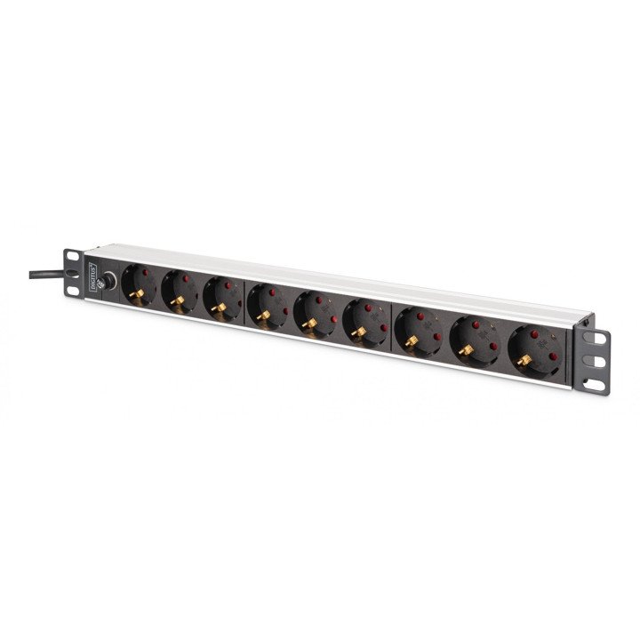 DIGITUS DN-95437 PDU Rack Power Strip 19" with 9 Schuko Sockets, 2m Cable, IEC C14 Plug, 10A, Aluminium