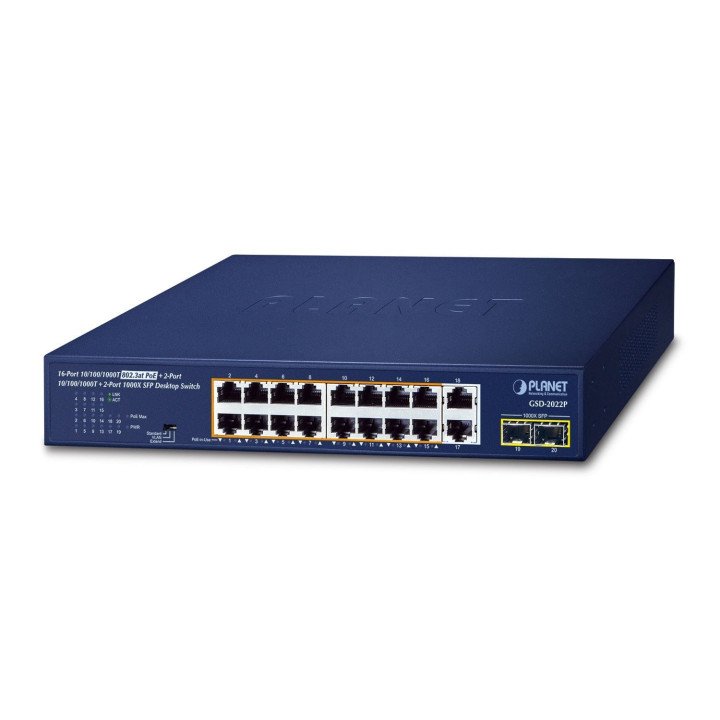 PLANET GSD-2022P 16-Port Gigabit PoE+ Switch with 2 SFP, 185W Budget, Unmanaged