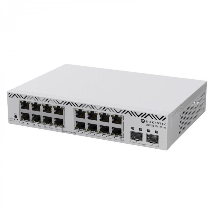 MikroTik Cloud Smart Switch CSS318-16G-2S+IN with 16 Gigabit Ethernet ports, 2 SFP+ cages, SwOS, desktop case