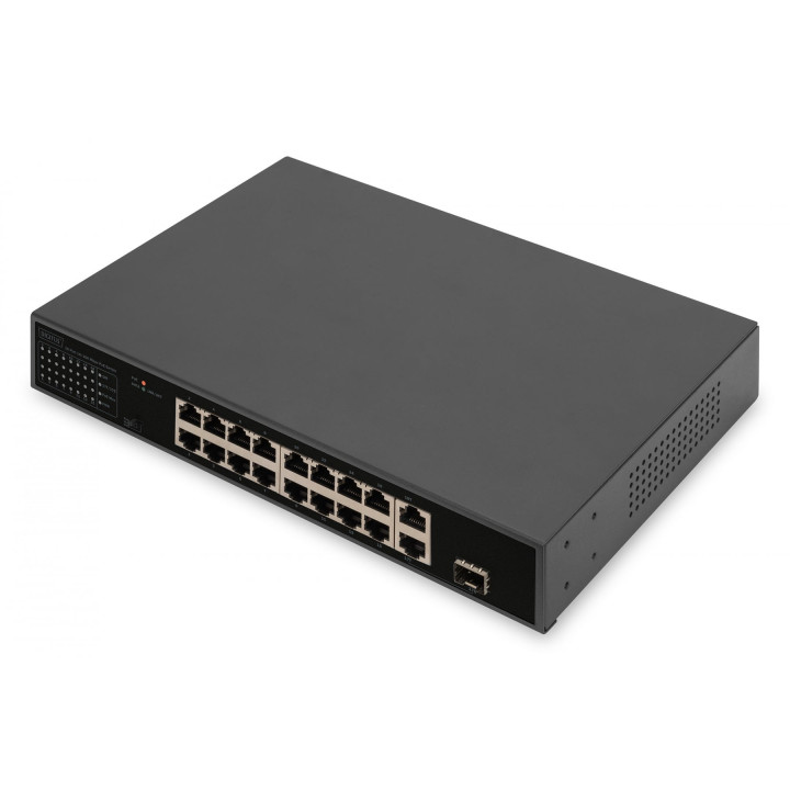 DIGITUS DN-95355 16-porttinen 10/100 Mbps PoE-kytkin, 1 Gigabit RJ45 ja 1 SFP Uplink