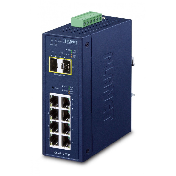 PLANET IGS-4215-8T2S Industrial L2/L4 Managed Switch, 8x Gigabit RJ45 + 2x SFP, 9-48VDC, -40~75°C