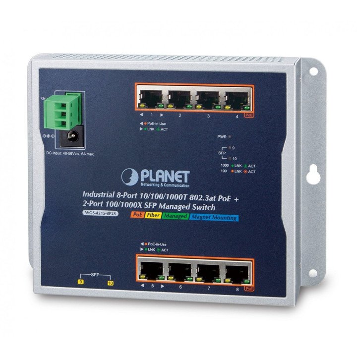 PLANET WGS-4215-8P2S Managed Gigabit PoE+ Switch, 8-Port 802.3at + 2 SFP, IP30, Wall Mount, -40°C to 75°C