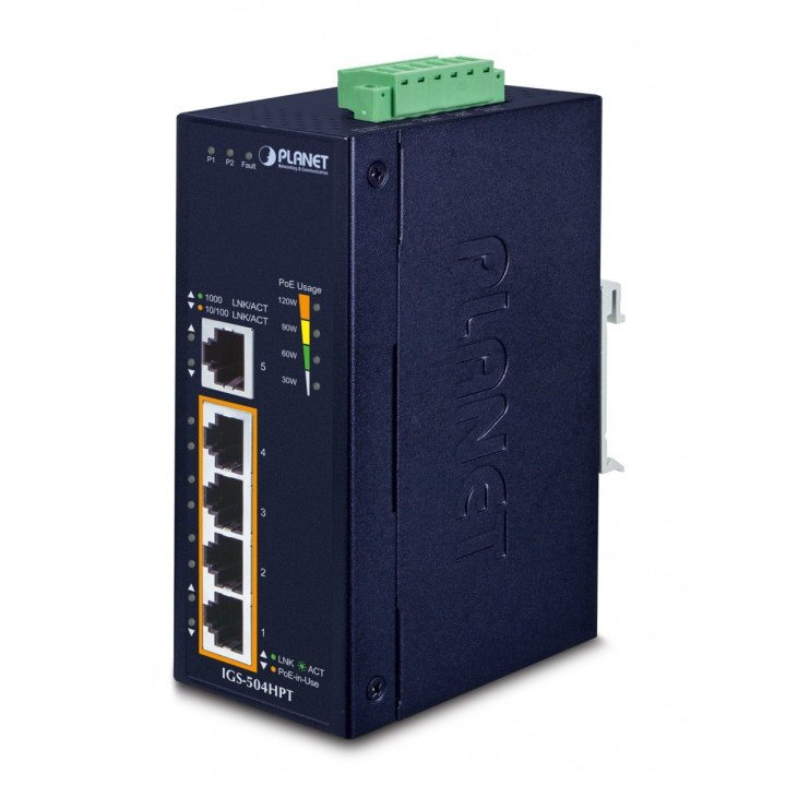 PLANET IGS-504HPT Industrial 4-Port PoE+ Gigabit Switch (120W, 12-56V DC, IP40)