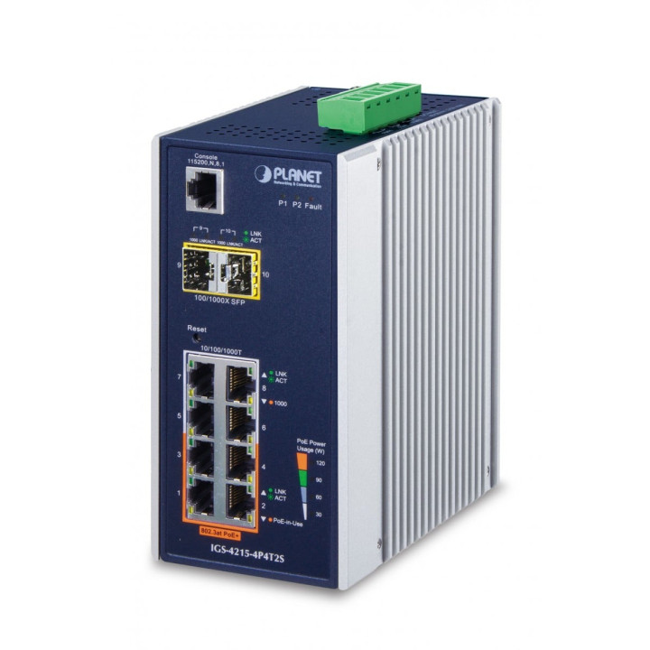 PLANET IGS-4215-4P4T2S IP30 Industrial L2/L4 Managed PoE+ -kytkin, 4 PoE+ -porttia + 4 RJ45 + 2 SFP, -40~75°C