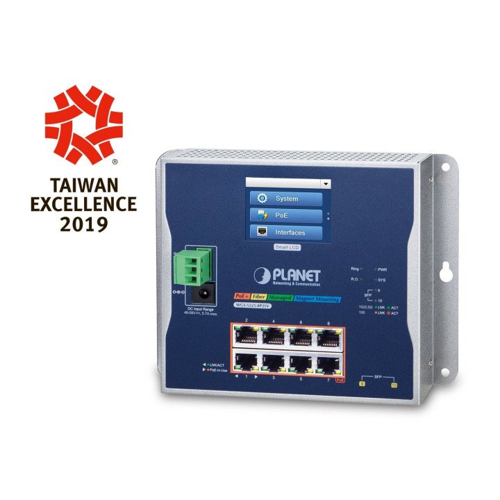PLANET WGS-5225-8P2SV L2+ Managed PoE Switch with 8-Port 10/100/1000T 802.3at PoE + 2-Port 1G/2.5G SFP, IP30, Wall-mount, LCD To