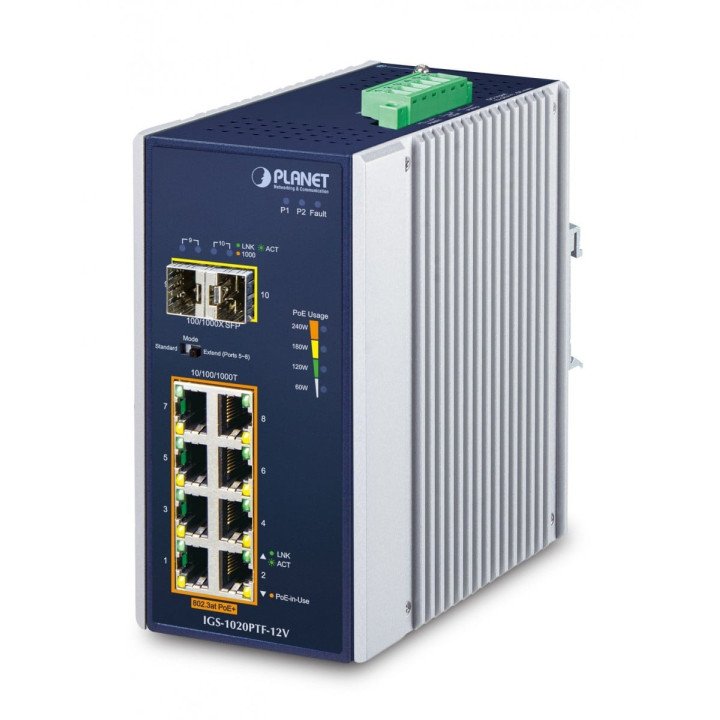 PLANET IGS-1020PTF-12V Industrial 8-Port Gigabit PoE+ Switch with 2 SFP and 12V Booster