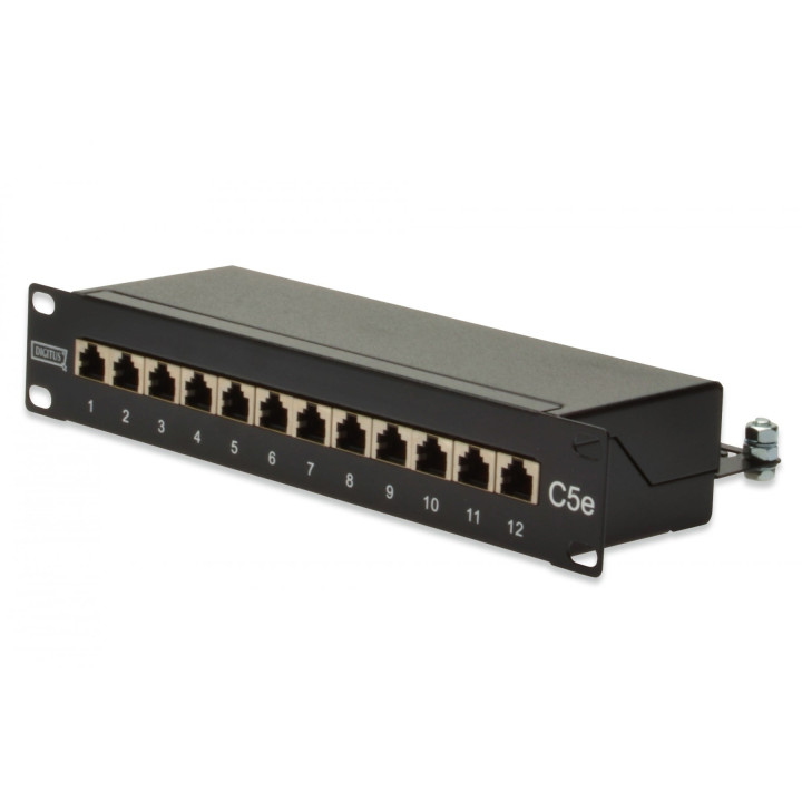 DIGITUS DN-91512S CAT 5e varjestatud patch-paneel, 12-pordiline RJ45, 1U 10" rack Mount, must