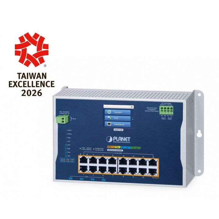 PLANET WGS-5215-16UP4XV Industrial L2+ 16-Port 10/100/1000T 802.3bt PoE + 4-Port 10G SFP+ Managed Switch with LCD Touch Screen