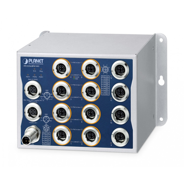 PLANET ITS-5216-8P4T-WV Industrial L2+ Managed Ethernet Switch, 8x PoE+ M12 + 4x M12, IP50