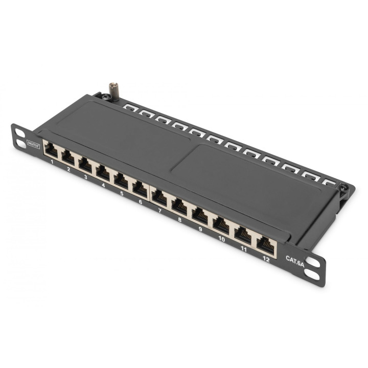 DIGITUS DN-91612S-SL-EA CAT 6A varjestatud patch-paneel, 12-pordiline, 1/2U, 10" rack Mount, must RAL 9005
