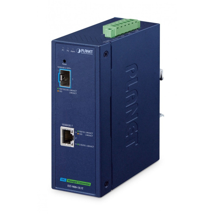 PLANET IXT-900-1X1T Industriālais pārvaldītais mediju pārveidotājs ar 1x 10G SFP+ un 1x 10G/5G/2.5G/1G/100BASE-T, IP40, -40 līdz