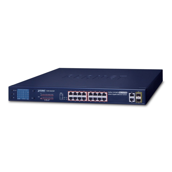 PLANET FGSW-1822VHP 16 prievadų PoE+ jungiklis su 2 Gigabit RJ45 ir 2 SFP uplinks, 300 W biudžetas, išmanusis LCD