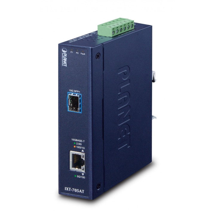 PLANET IXT-705AT Industrial 10G/5G/2.5G/1G/100M Copper to 10GBASE-X SFP+ Media Converter (-40 to 75°C, Dual Redundant Power)