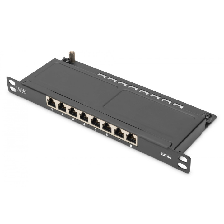 DIGITUS CAT 6A patch skydelis, ekranuotas, 8 prievadų 1/2U, 10 colių stovo laikiklis, juodas RAL 9005