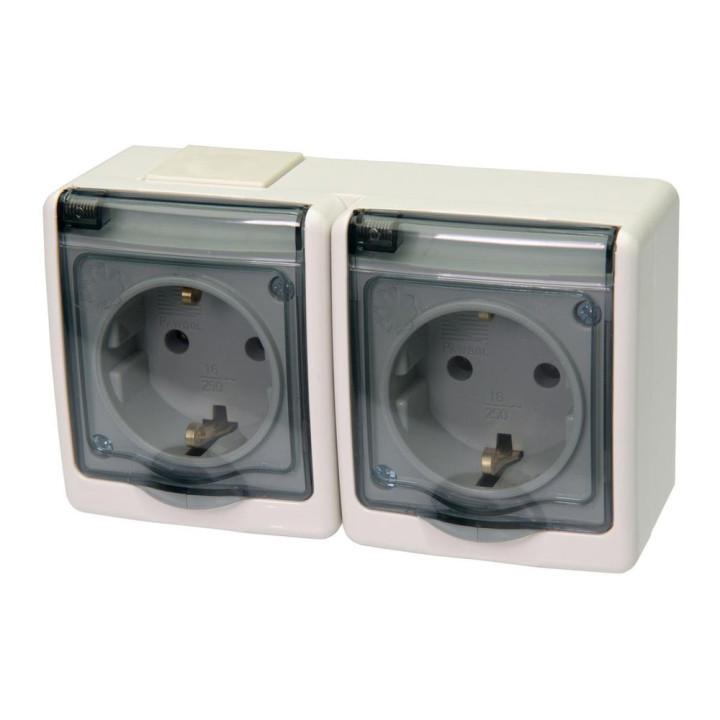 BETA surface socket 2-gang with grounding and transparent cover white IP44