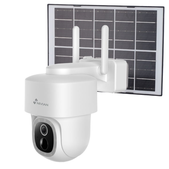 NIVIAN RETAIL NVS-IPC-08S-BATSOLAR-L 3MP PTZ Speed Dome kamera su Wi-Fi, PoE, IP65, 8m IR, balta šviesa, microSD iki 256GB