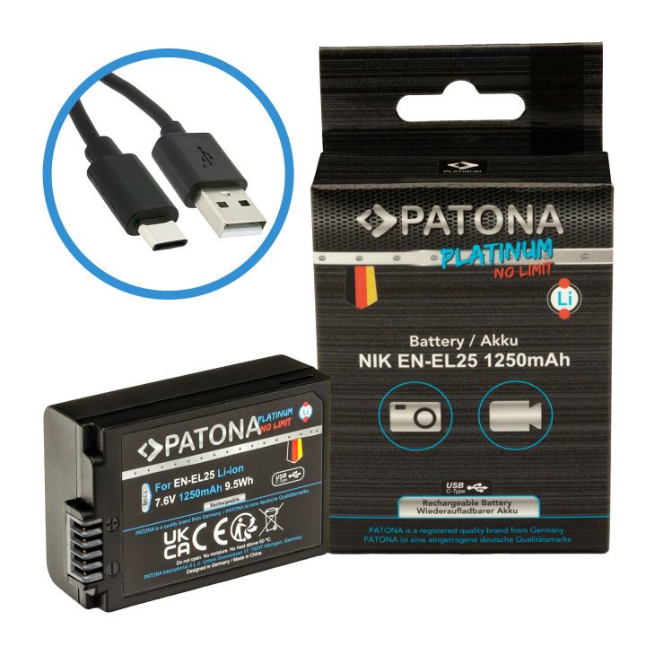 Patona PT1398 Replacement Battery for Nikon EN-EL25, 1250mAh Li-Ion with USB-C Charging