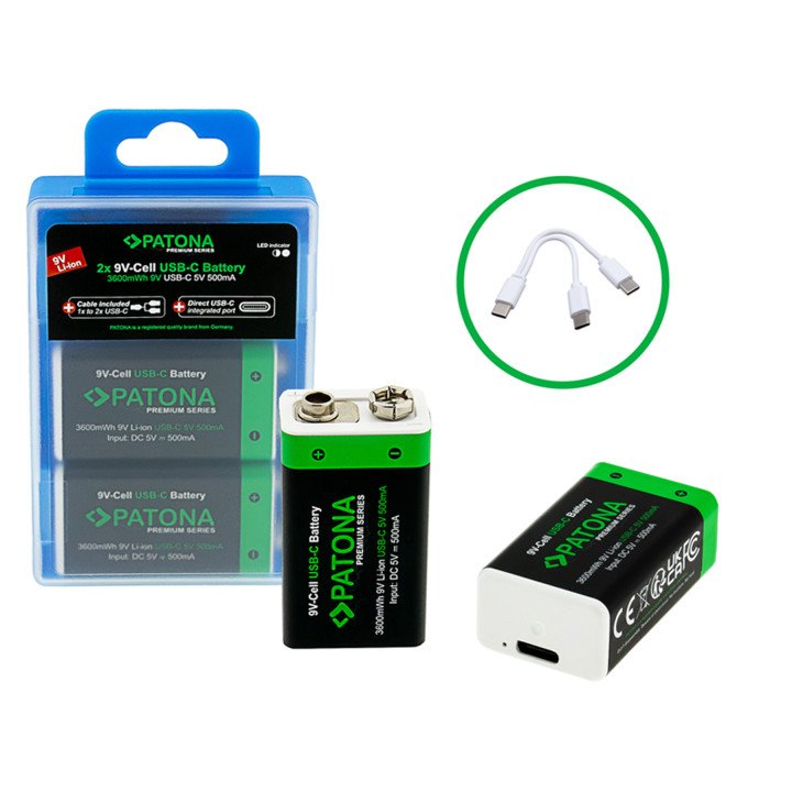 Patona PT1413 Li-ion 9V 400mAh Battery 2-Pack with USB-C Charger