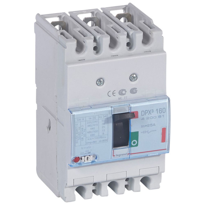 DPX3 160 thermal magnetic release circuit breaker, 3 poles, with rated current of 25A and breaking capacity 36kA