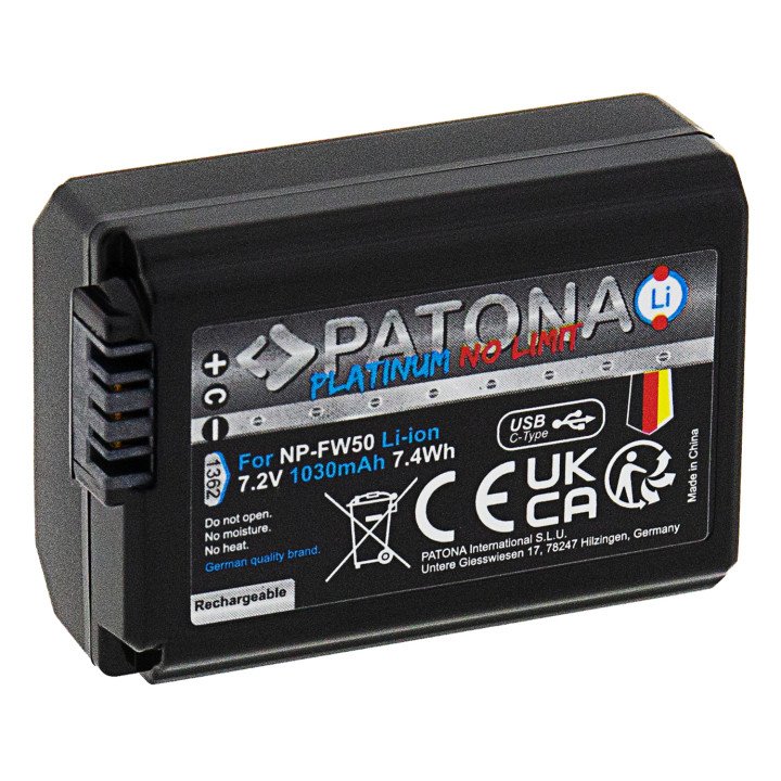 Patona PT1362 Li-Ion Battery for Sony NP-FW50 with USB-C Charging, 1030mAh
