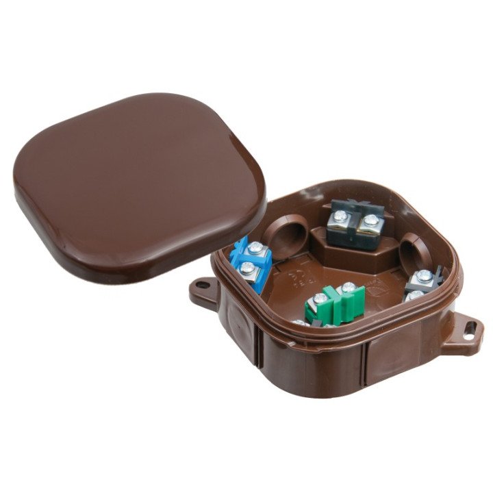 Junction box surface mounting 92x92x44mm brown klik cover, with clamps 5x4mm2, halogenfree