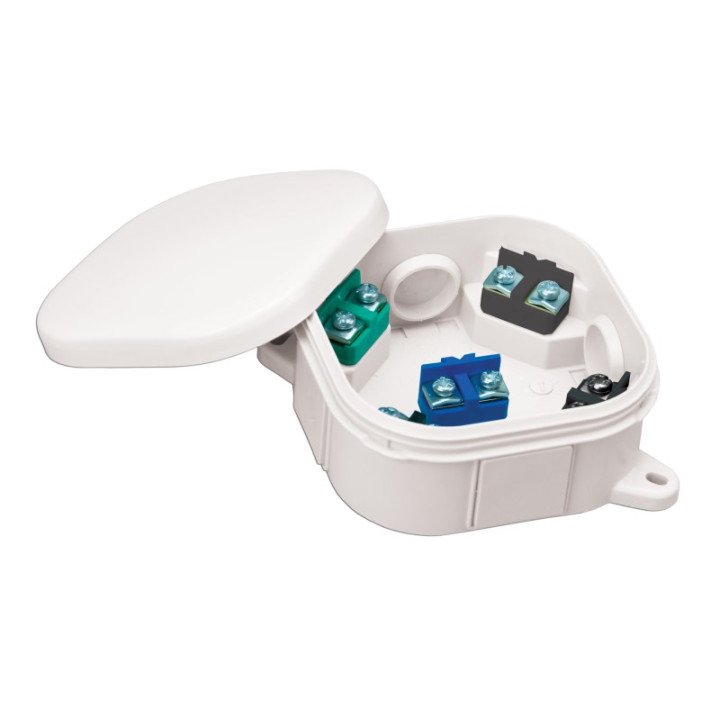 Junction box surface mounting IP54 92x92x44mm white klik cover with clamps 5x4mm2 IP54 halogenfree