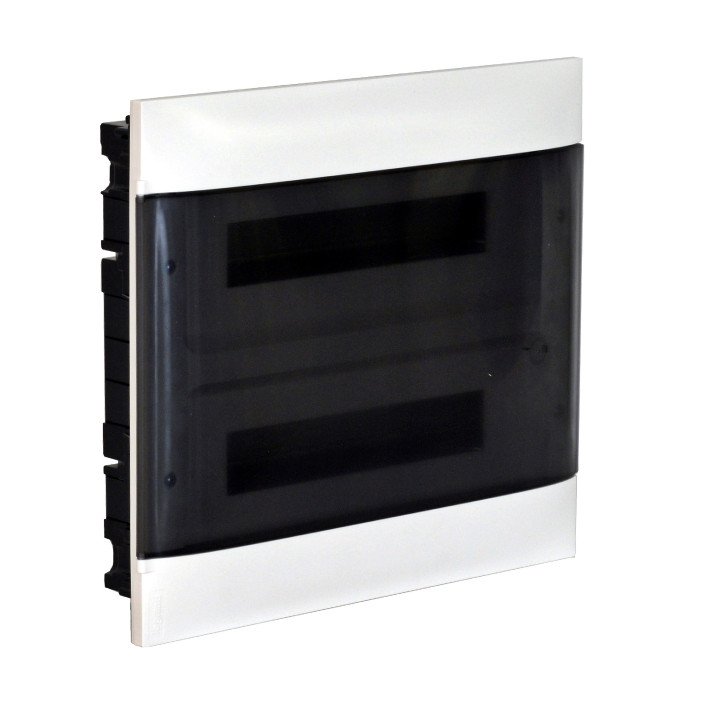 LEGRAND 2X18M FLUSH CABINET SMOKED DOOR E + N  TERMINAL BLOCK FOR DRY WALL