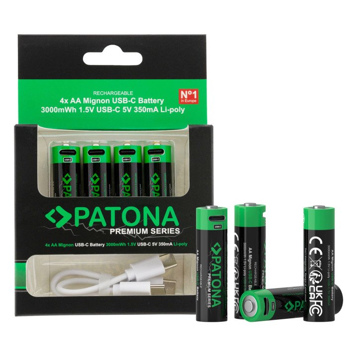 Patona PT1410 AA/LR6 Li-Pol 2000mAh 1.5V Rechargeable Battery 4-Pack with USB-C Charging