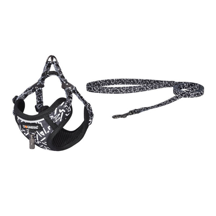 Dogness Walking Set Leash 1.5m + Harness for Dog (Black and White)