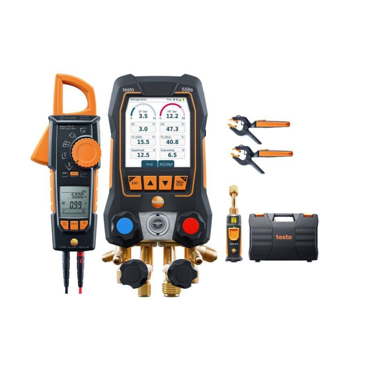 Älykäs digitaalinen jakotukkisarja Testo 558s Smart Vacuum Kit, jossa on puristinmittari ja langattomat anturit