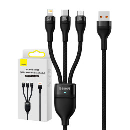 3in1 USB-kaabel Baseus Flash Series, USB-C + mikro-USB + Lightning, 100 W, 1,2 m (must)