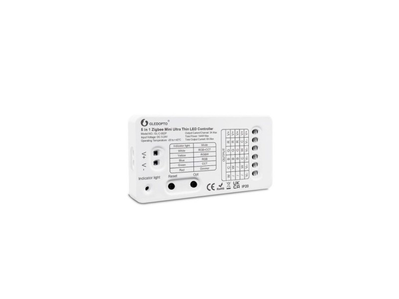 Gledopto GL-C-002P (6A), Zigbee Pro 5-in-1 Mini Ultra Thin LED kontrolieris (Zigbee+RF) 5V-24V DC, 6A