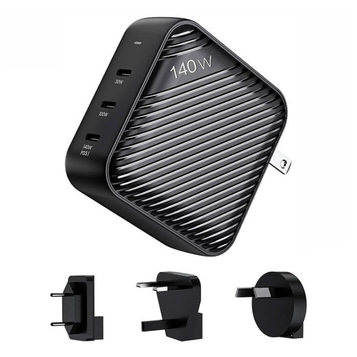 Sienas lādētājs INVZI GanHub 3x USB-C, 140W, ES/UK/AU/US (melns)