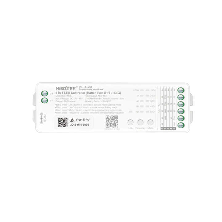 Контроллер 5в1 RGB+CCT Matter 12-48В 20А 2.4G ML5