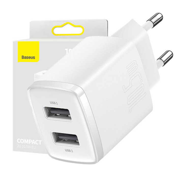 Baseuse kompaktne kiirlaadija, 2x USB, 10,5 W (valge)