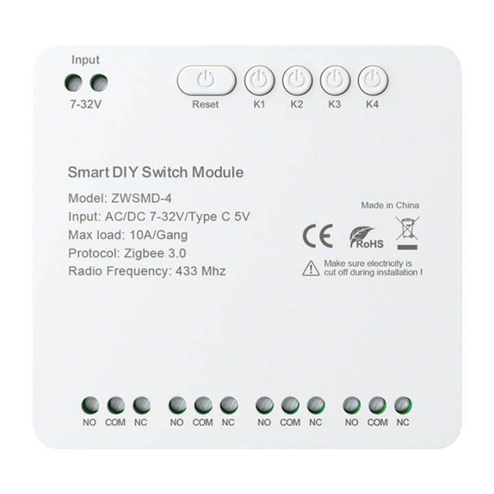 4-channel ZigBee switch module with voltage-free DC 32V contact Avatto ZWSMD-4-32V