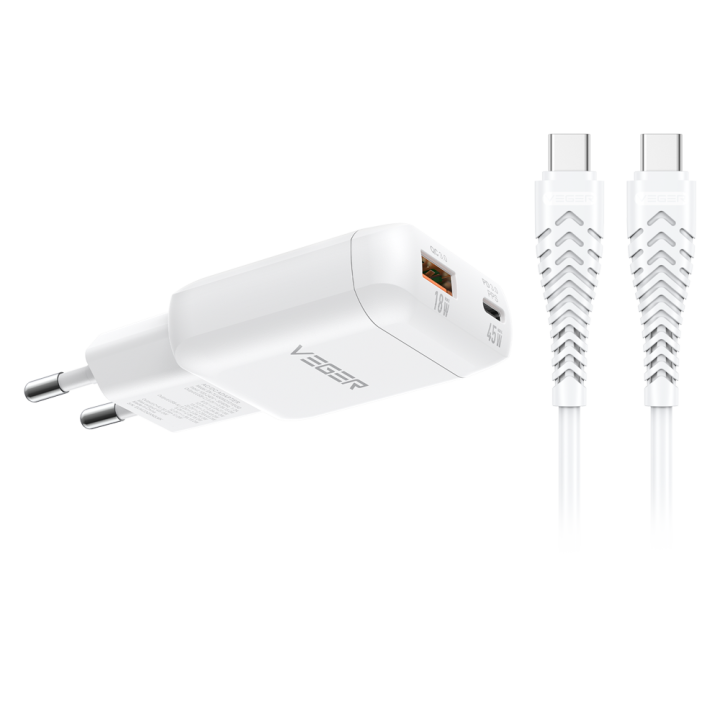 VEGER VG-TR121-Kit-45W1A1C 45W USB-C ir USB-A sieninis įkroviklis su PD greitu įkrovimu