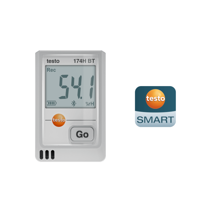 Mini temperatūros ir drėgmės duomenų kaupiklis Testo 174 H BT su Bluetooth ir programėlės ryšiu