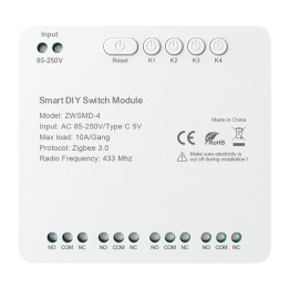 ZigBee 4-kanavainen kytkinmoduuli jännitteettömällä DC 32V koskettimella Avatto ZWSMMD-4-250V