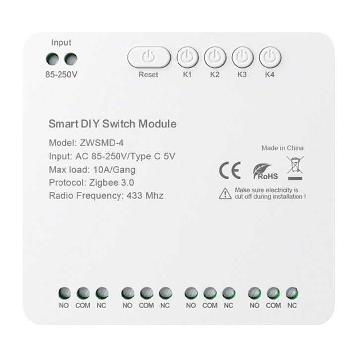 ZigBee 4-kanavainen kytkinmoduuli jännitteettömällä DC 32V koskettimella Avatto ZWSMMD-4-250V