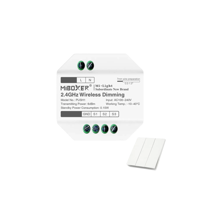 Juhtmeta 2,4 GHz RGB+CCT 100–230 V relee PUSH1