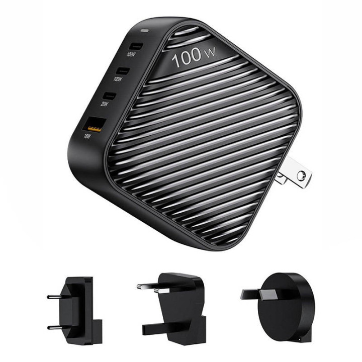INVZI GanHub 3x USB-C + USB-seinälaturi, 100 W, EU/UK/AU/US (musta)
