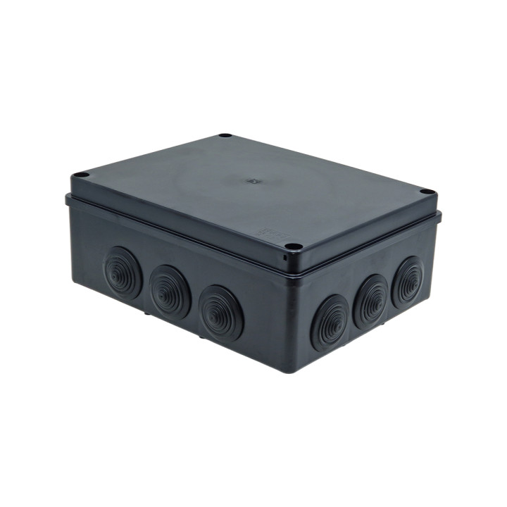S-BOX dėžutės paviršiaus montavimas IP65 240x190x90mm su riebokšliais juoda UV