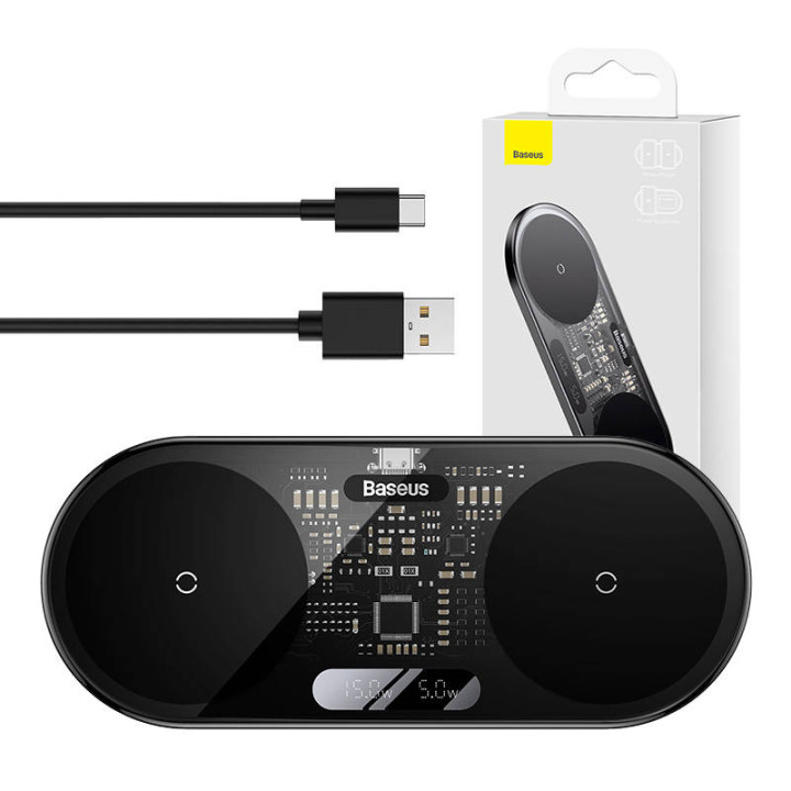Беспроводное зарядное устройство Dual Qi Baseus Digital LED Display, 20 Вт