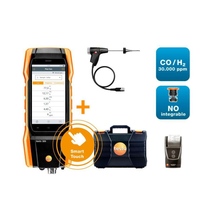 testo 300 NEXT LEVEL Longlife kit 2 tulostimella - Savukaasuanalysaattori (O2, CO H2 -kompensoitu jopa 30 000 ppm, NO - voidaan 