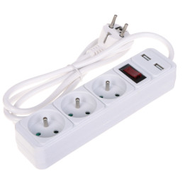 Extension Cord PR-1.5M-3G-SW/USB/W with 3 Outlets and 2 USB-A Ports, 1.5m