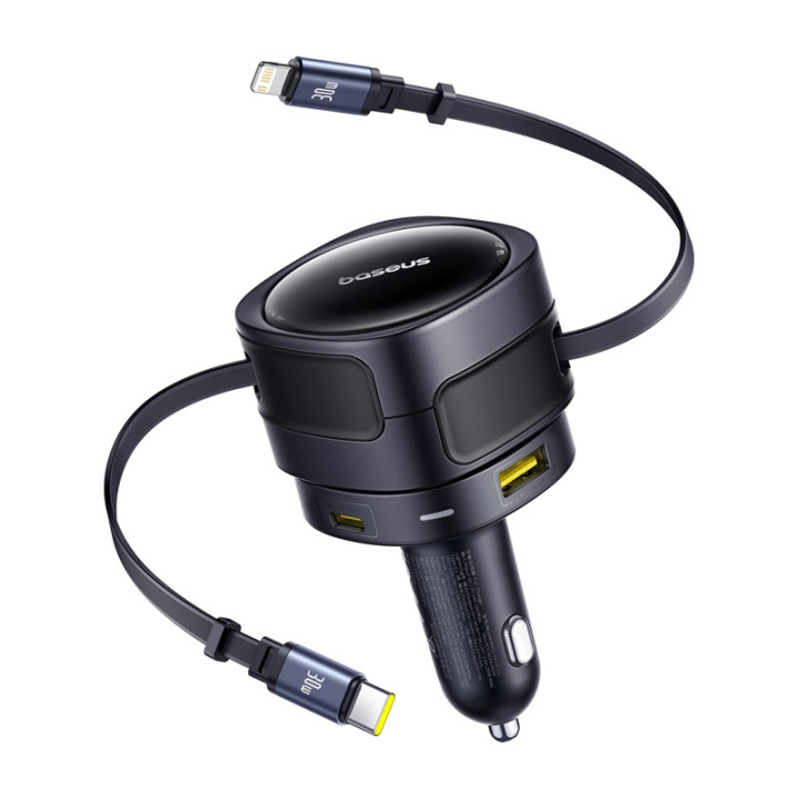 Автомобильное зарядное устройство Baseus Enjoyment Max с кабелями USB-C+Lightning и портами USB-A+USB-C, 90 Вт, черный