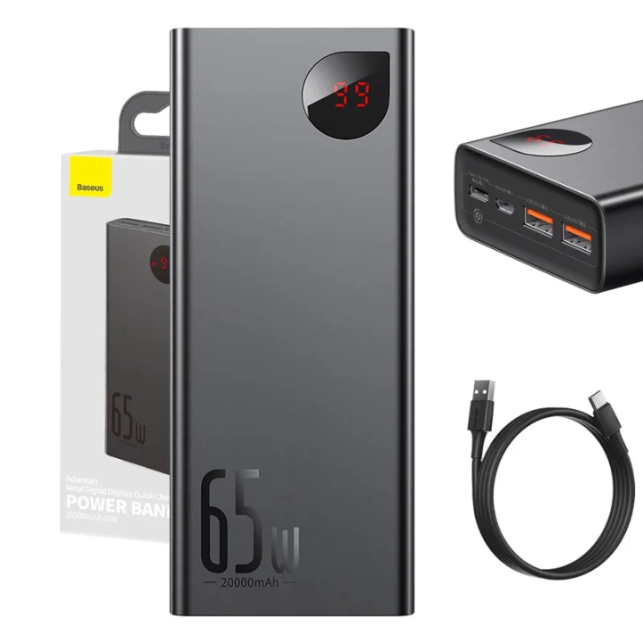 Powerbank Baseus Adaman Metal 20000mAh PD QC 3.0 65W 2xUSB + USB-C + mikro USB (melns)